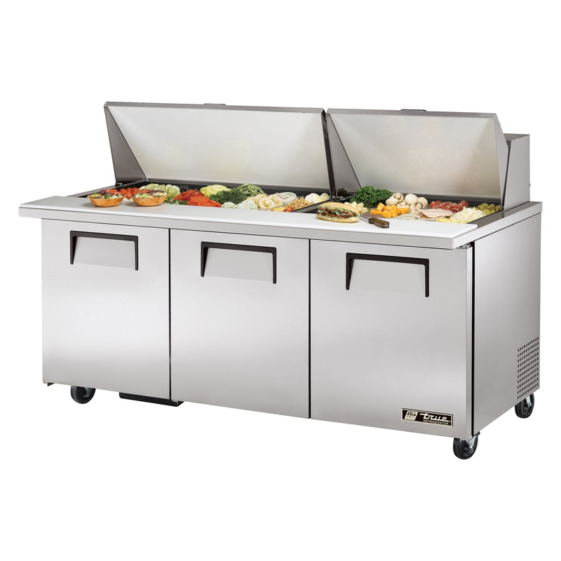 True TSSU-72-30M-B-ST-HC 3-Section 3 Door Mega Top Refrigerated Salad/Sandwich Prep Table 72" - Holds (30) 1/6 Size Pans - 115v