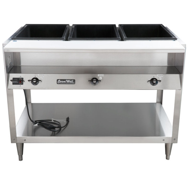 Vollrath 38003 ServeWell Electric 3-Well Hot Food Table with Plate Shelf & Cutting Board 46" - Sealed Well - 120v
