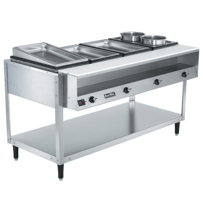 Vollrath 38118 ServeWell Electric 4-Well Hot Food Table with Plate Shelf & Cutting Board 63-1/4" - Sealed Well - 208/240v