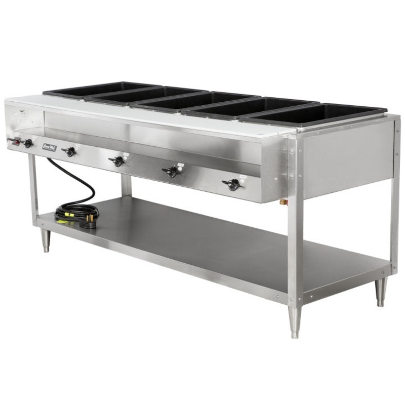 Vollrath 38119 ServeWell Electric 5-Well Hot Food Table with Plate Shelf & Cutting Board 76" - Sealed Well - 208-240v