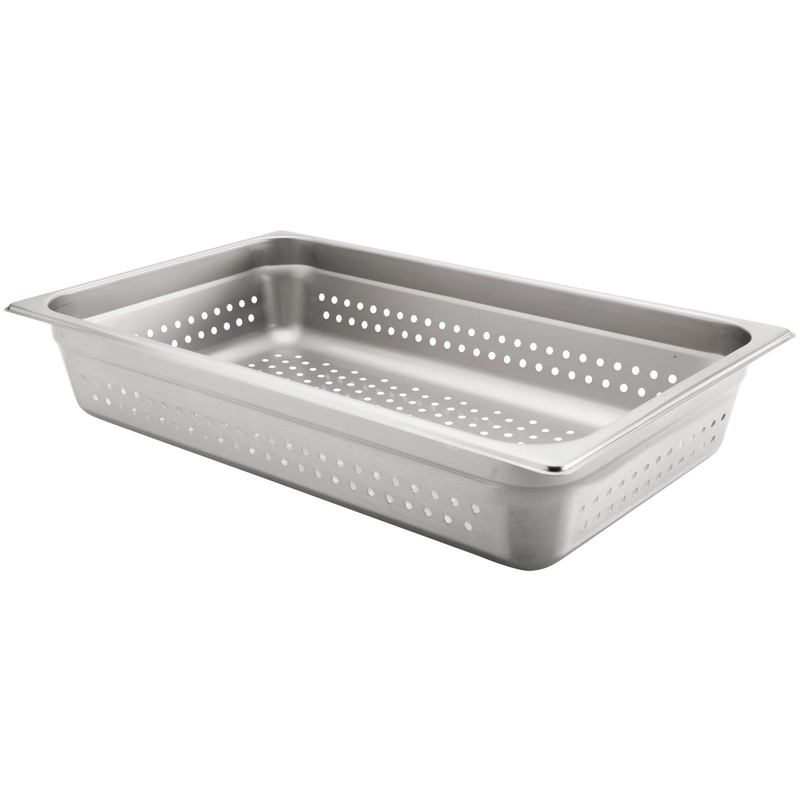 Browne 5781114 Medium-Weight Stainless Steel Anti-Jam Perforated Steam Table Food Pan 4" Deep - Full Size
