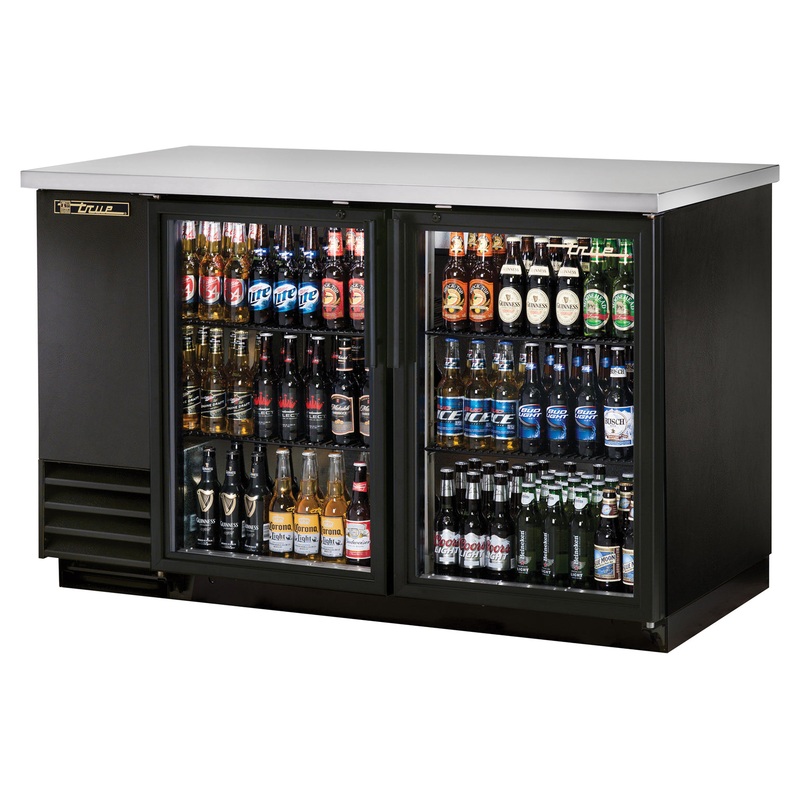 True TBB-2G-HD-LD Black 2 Glass Swing Door Back Bar Refrigerator 59" - Holds (88) 6-packs or (2) Half Barrels - 115v