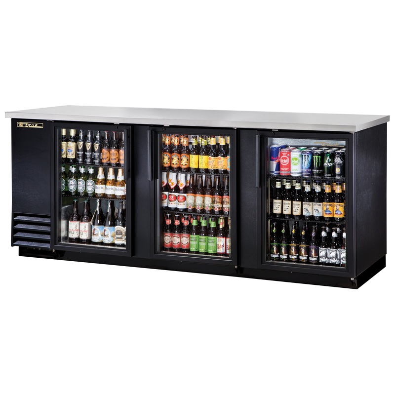 True TBB-4G-HC-LD Black 3 Glass Swing Door Back Bar Refrigerator 90"- Holds (152) 6-packs or (4) Half Barrels - 115v