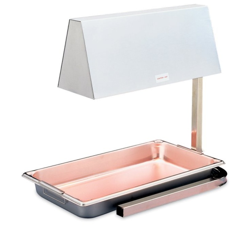 Vollrath 71500 OHC-500 Cayenne Twin White Bulb Heat Lamp with Cantilever Hood & U-Shaped Base (Accepts Full Size Pans) 14" x 19" - 120v