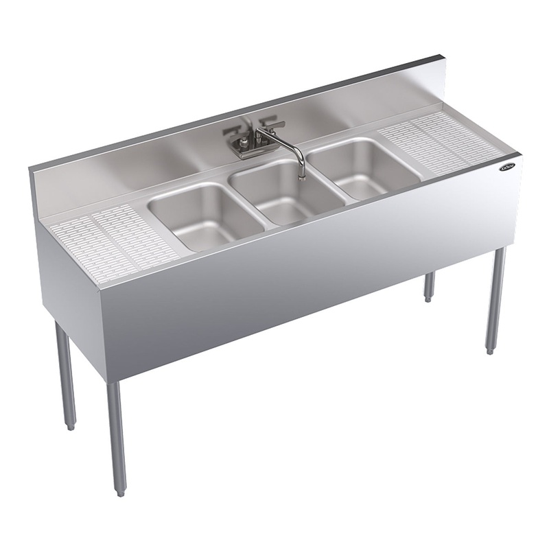 Krowne KR19-53C Royal Series Underbar 3-Compartment Stainless Steel Bar Sink 60" - 2 Drainboards L/R 12"