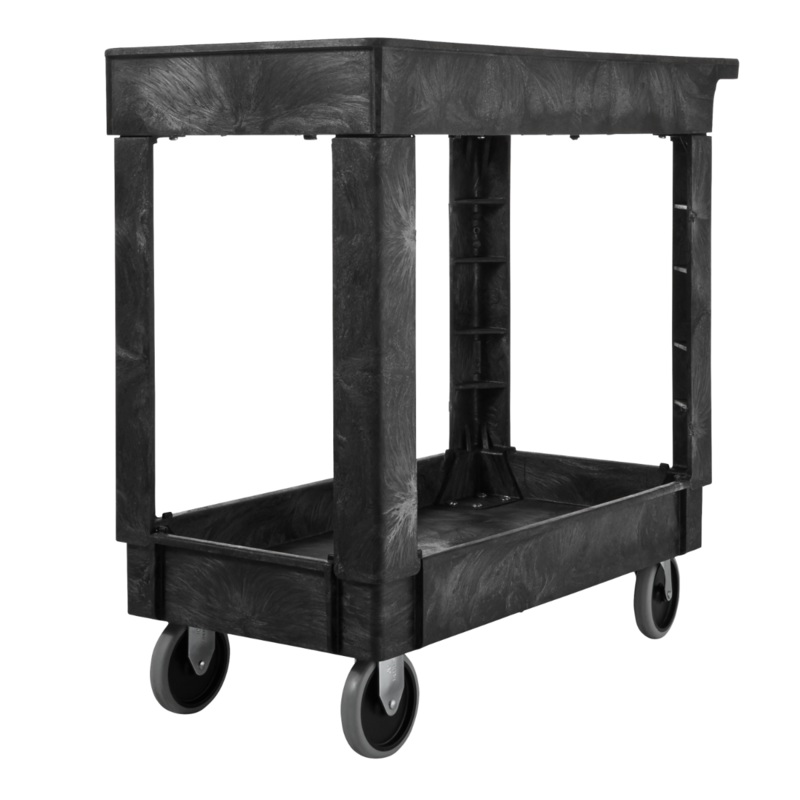 Rubbermaid FG9T6600BLA 500 lb. Small 2 Shelf Heavy-Duty Utility Cart with Lipped Shelf 34" x 17" x 31"H - Black