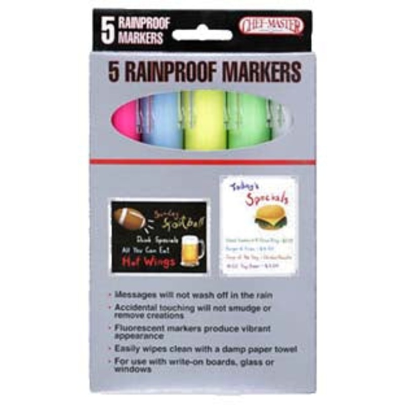 Chef Master 90032 Smudgeproof/Rainproof Wet Erase Neon Markers - 5-color/pack