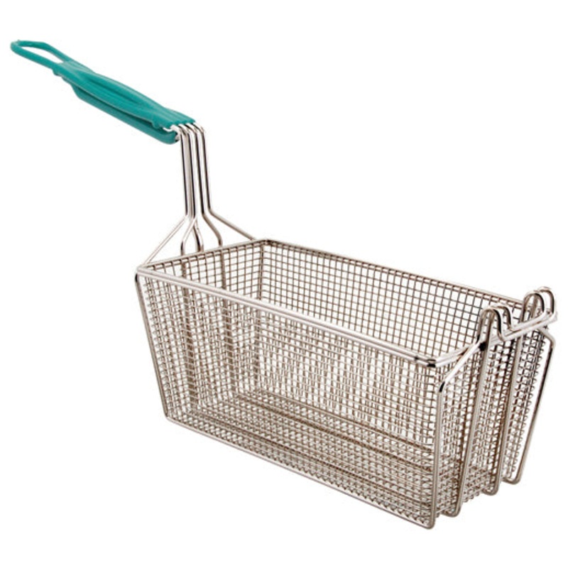 FMP 225-1070 Twin / Half Size Fryer Basket with Double Front Hookand  E-Z Grip Vinyl-Coated Handle - 13-1/4" x 6-1/2" x 6" H