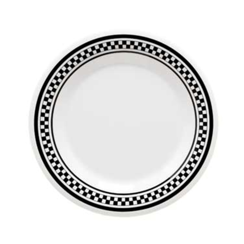 GET WP-12-X Diamond Chexers Melamine Round Plate 12" - White w/ Black Checkerboard Rim - 12/Case