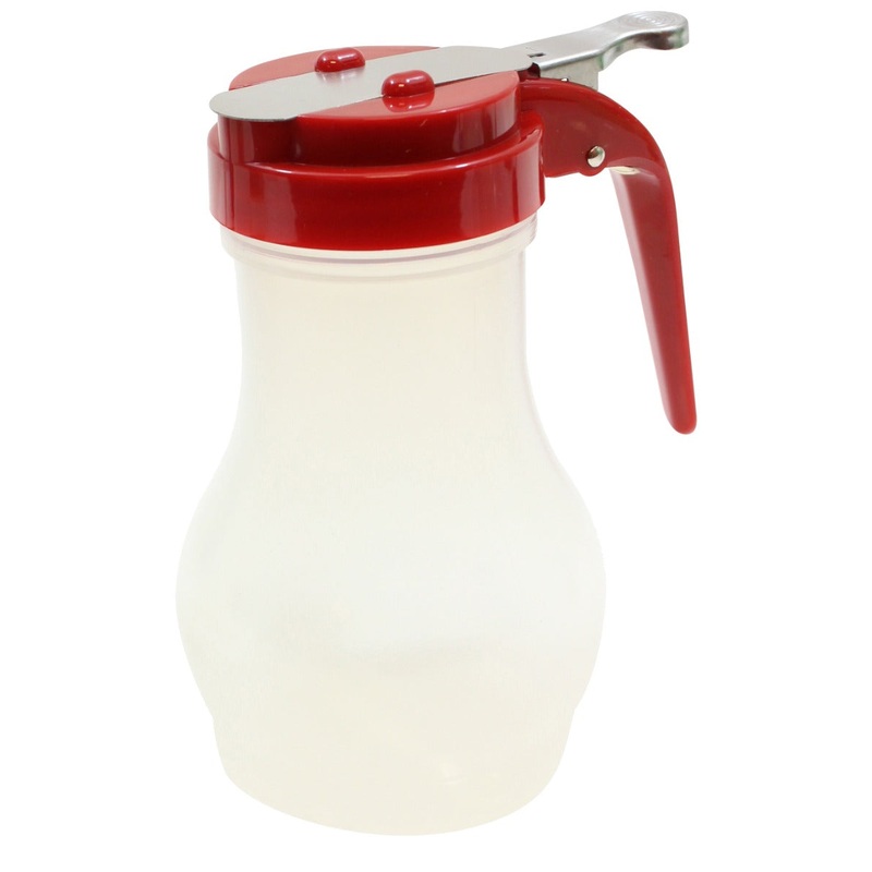 TableCraft PP410RE Teardrop Polypropylene Syrup Dispenser with Red ABS Top 10 oz. - Translucent