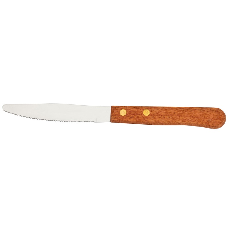 Walco WL760527 Stainless Steel Serrated Round Tip Steak Knife with Hardwood Handle 3-3/4" - 24/Box