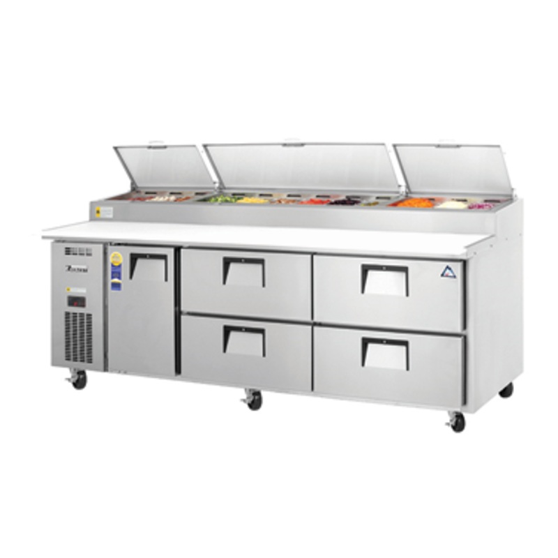 Everest Refrigeration EPPR3-D4 3-Section 1 Door / 4 Drawer Pizza Prep Table Refrigerator with Cutting Board 94" - Holds (12) 1/3 size pans - 30 Cu. Ft. - 115v
