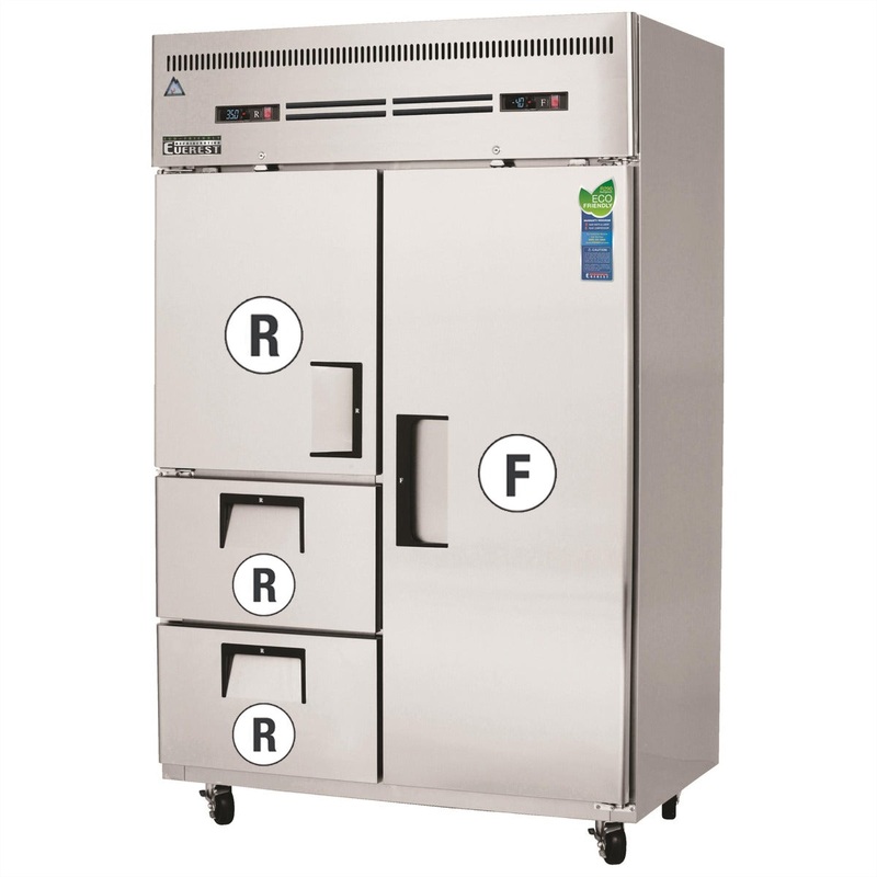 Everest Refrigeration ESRF2D2 2-Section 1 Full & 1 Half Solid Door / 2-Drawer Reach-In Dual Temp Refrigerator/Freezer Combo 50" - 115V