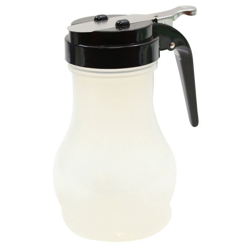 TableCraft PP410BK Teardrop Polypropylene Syrup Dispenser with Black ABS Top 10 oz. - Translucent
