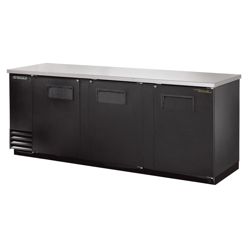 True TBB-4-HC Black 3 Solid Swing Door Back Bar Refrigerator 90" - Holds (152) 6-Packs or (4) Half Barrels - 115v