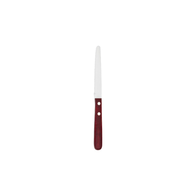 Walco WL970528 Stainless Steel Serrated Round Tip Steer Steak Knife with Red Polywood Handle 4-1/8" - 24/Box