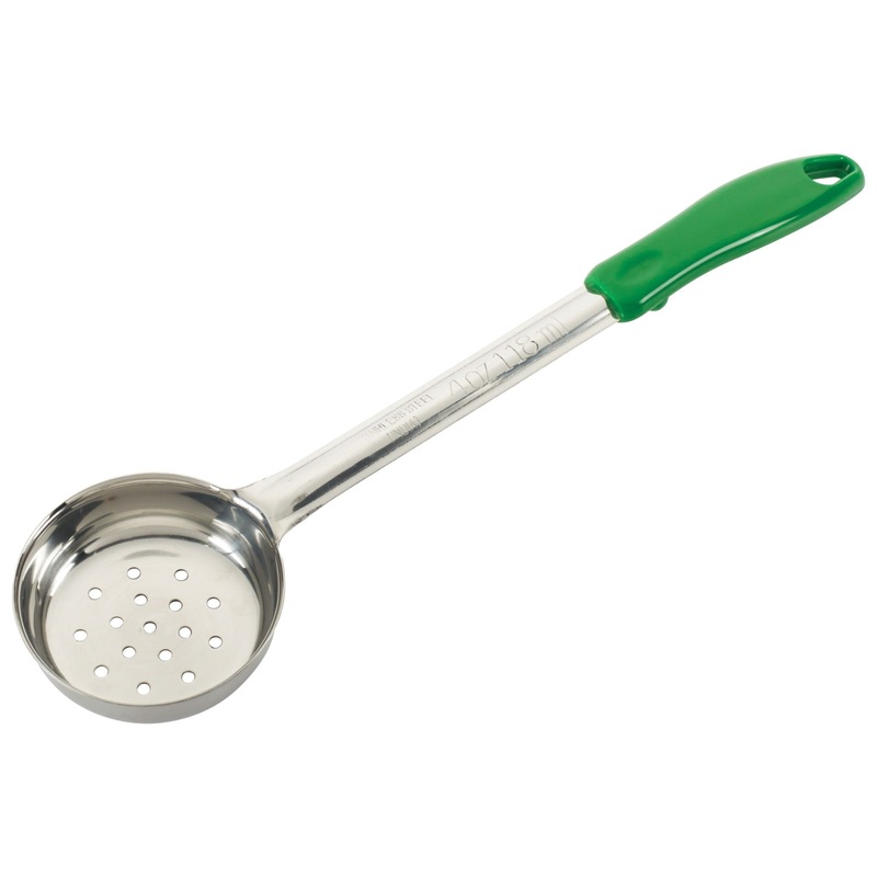 Winco FPP-4 One-Piece Stainless Steel Perforated Round Food Portioner with Green Plastic Handle 4 oz. - 12/Case