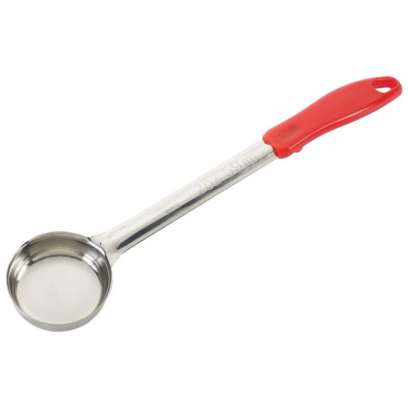 Winco FPS-2 One-Piece Stainless Steel Solid Round Food Portioner with Red Plastic Handle 2 oz.