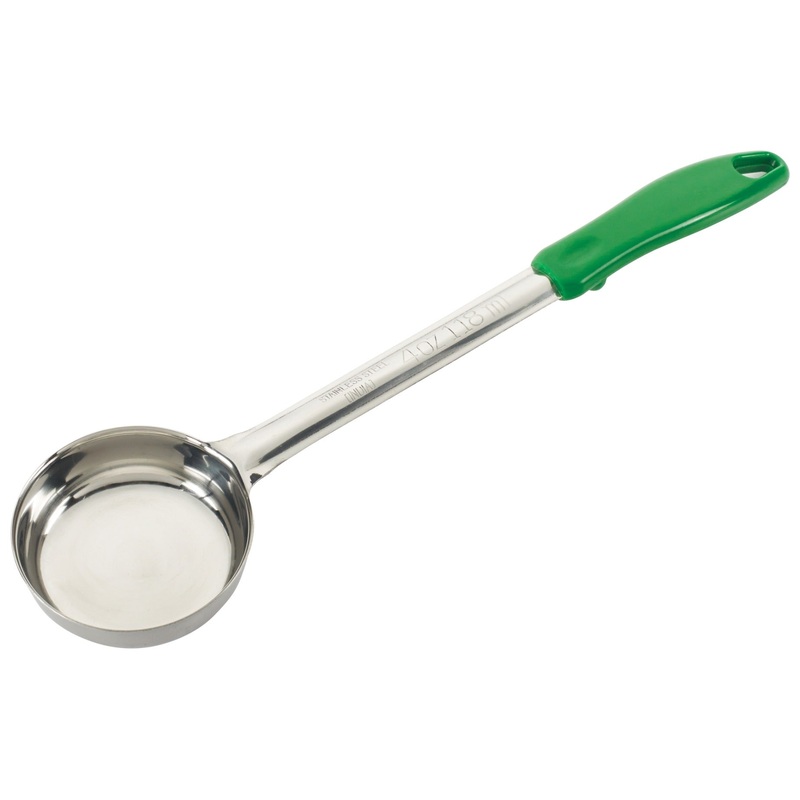 Winco FPS-4 One-Piece Stainless Steel Solid Round Food Portioner with Green Plastic Handle 4 oz. - 12/Case