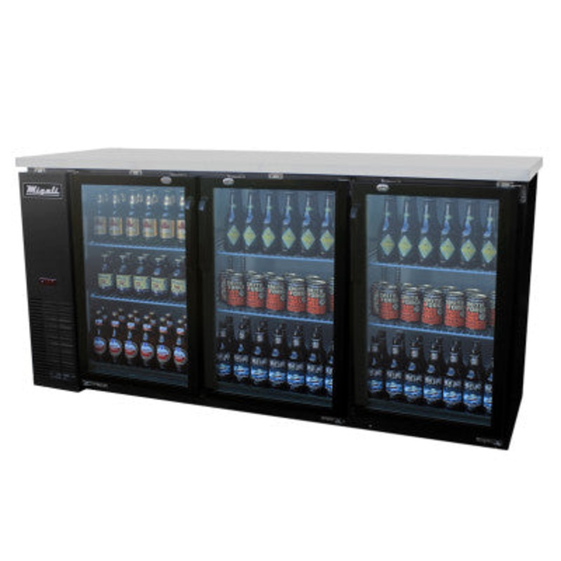 Migali C-BB72G Competitor Series Back Bar Cooler Black 3 Glass Door Refrigerator 72" -  (3) 1/2 Keg Capacity