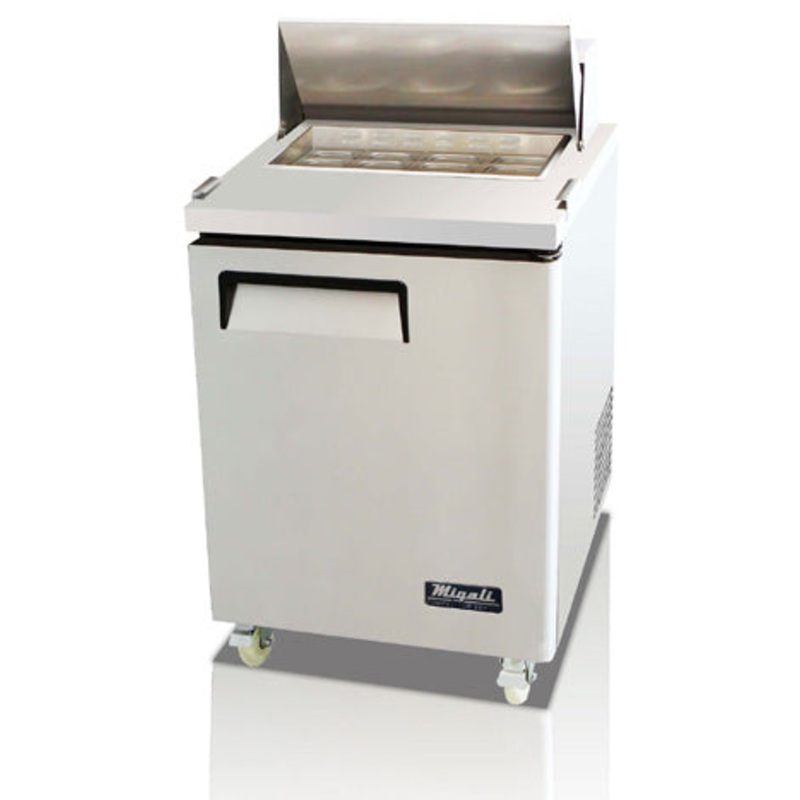 Migali C-SP27-8-HC Competitor Series 1-Section 1 Solid Door Standard Top Refrigerated Salad/Sandwich Prep Table 27" - Holds (8) 1/6 size panss - 6.5 cu.ft. - 115v