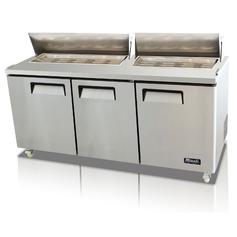 Migali C-SP72-18-HC Competitor Series 3-Section 3 Solid Door Standard Top Refrigerated Salad/Sandwich Prep Table 72" - Holds (18) 1/6 size panss - 22 cu.ft. - 115v