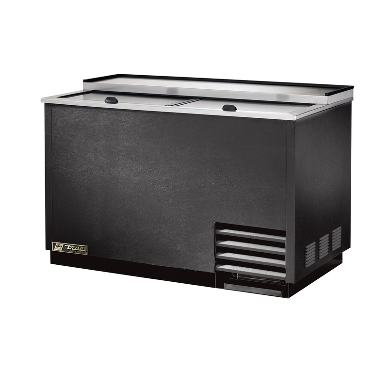 True T-50-GC-HC Black 2-Section 2 Solid Slide Lid Glass and Plate Chiller/Froster 50" - Holds (250) 8" Mugs or (240) 10 oz. Steins - 115v