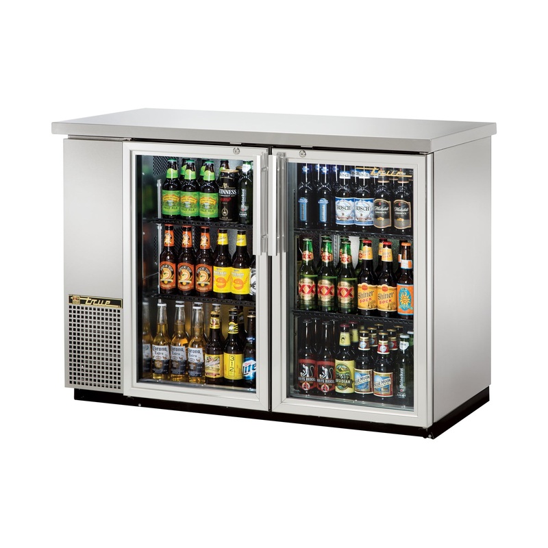 True TBB-24-48G-S-HC-LD Stainless Steel 2 Glass Swing Door 24" Deep Back Bar Refrigerator 49" - Holds (48) 6-Packs or (2) Half Barrels - 115v