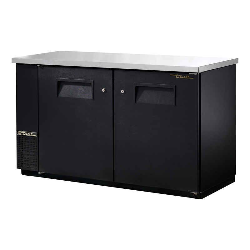True TBB-24-60-HC Black 2 Solid Swing Door 24" Deep Back Bar Refrigerator 61" - Holds (72) 6-Packs or (3) Half Barrel - 115v