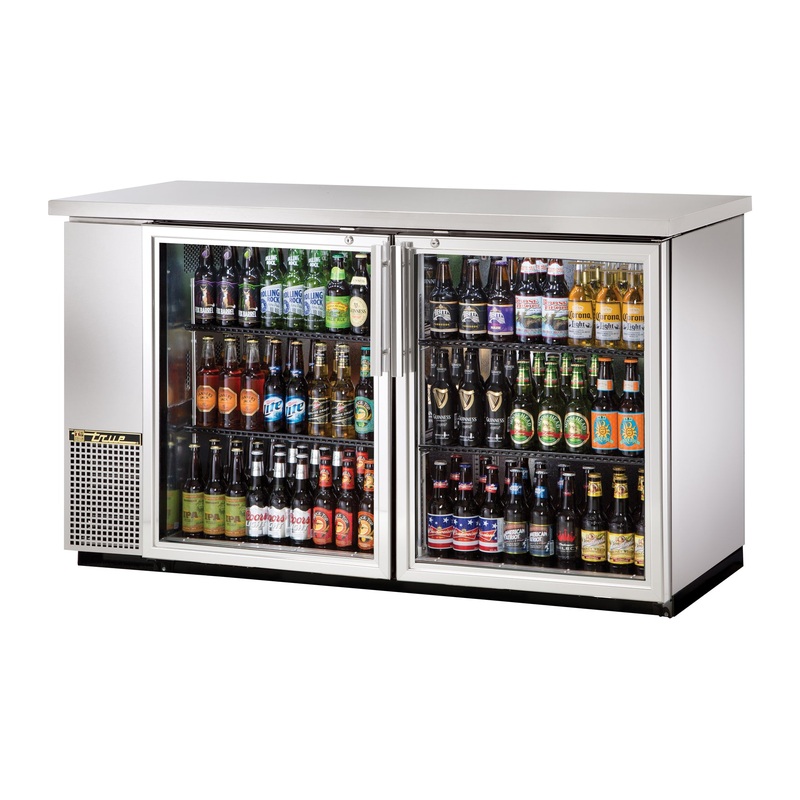 True TBB-24-60G-S-HC-LD Stainless Steel 2 Glass Swing Door 24" Deep Back Bar Refrigerator 61" - Holds (48) 6-Packs or (2) Half Barrels - 115v