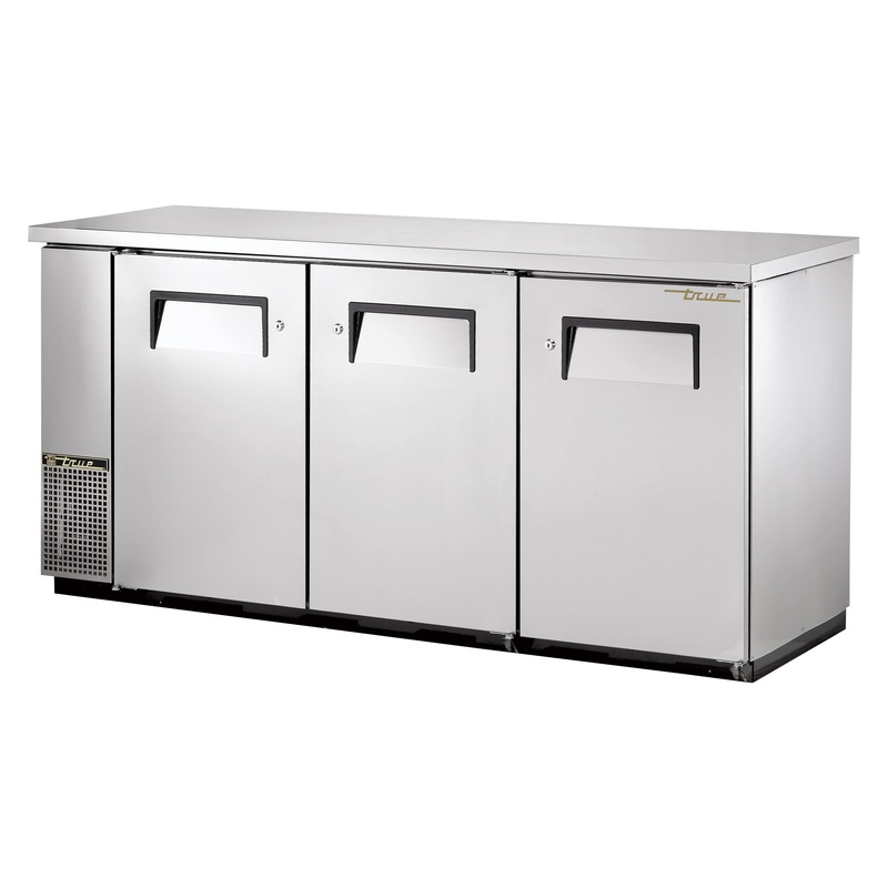 True TBB-24-72-S-HC Stainless Steel 3 Solid Swing Door 24" Deep Back Bar Refrigerator 36" - Holds (84) 6-Packs or (3) Half Barrel - 115v