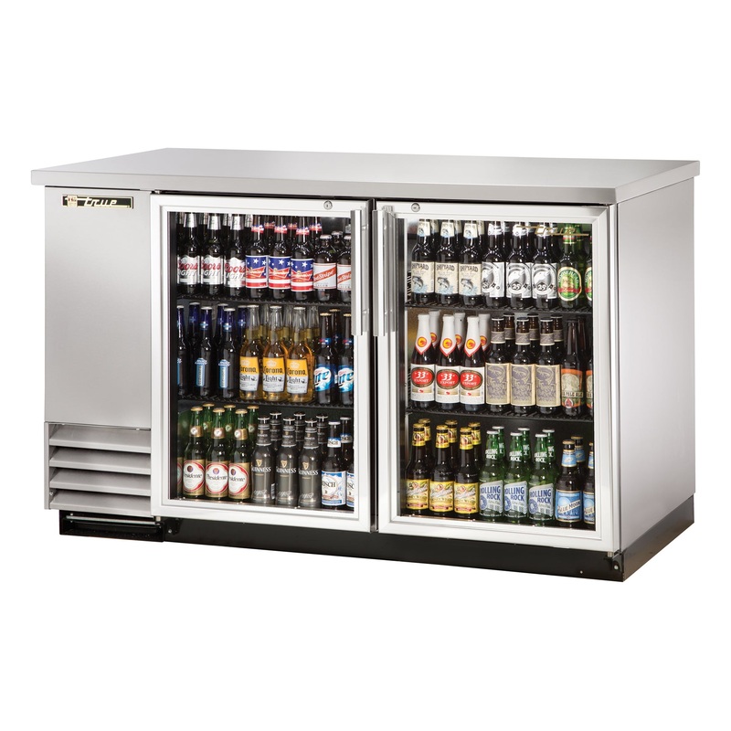 True TBB-2G-S-HC-LD Stainless Steel 2 Glass Swing Door Back Bar Refrigerator 59" - Holds (88) 6-Packs or (2) Half Barrels - 115v