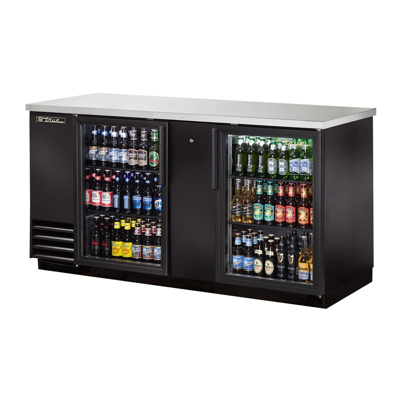 True TBB-3G-HC-LD Black 2 Glass Swing Door Back Bar Refrigerator 73" - Holds (112) 6-Packs or (3) Half Barrel - 115v