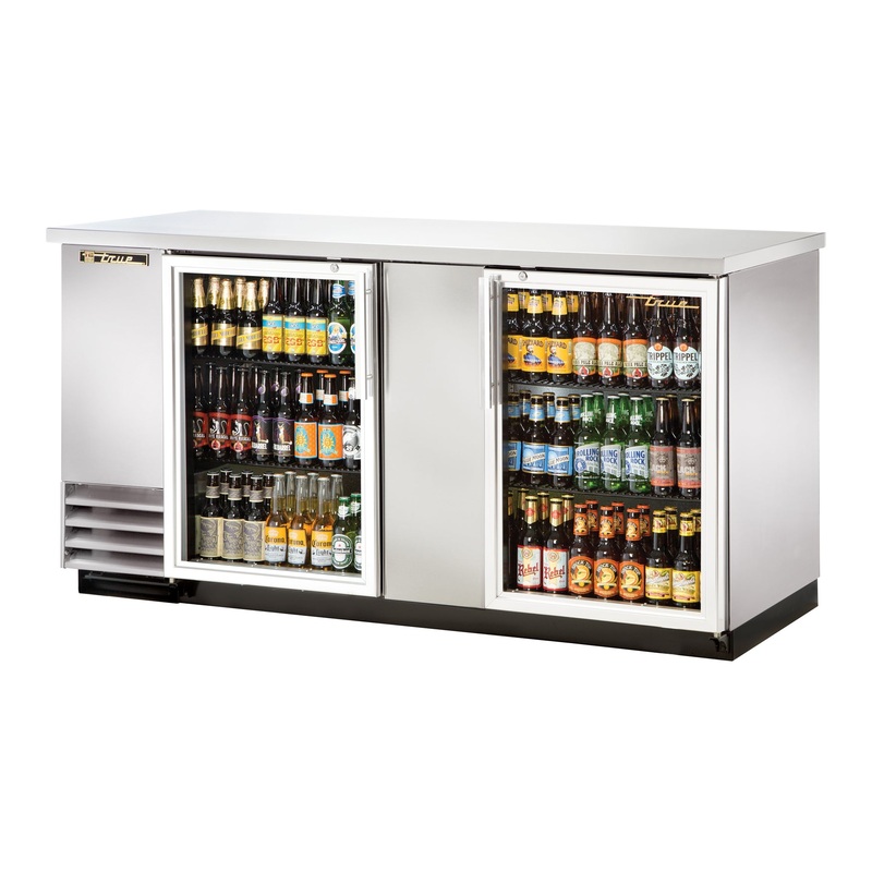 True TBB-3G-S-HC-LD Stainless Steel 2 Glass Swing Door Back Bar Refrigerator 69" - Holds (112) 6-Packs or (3) Half Barrels - 115v