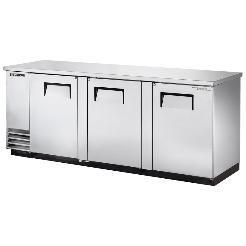 True TBB-4-S-HC Stainless Steel 3 Solid Swing Door Back Bar Refrigerator 90" - Holds (152) 6-packs or (4) Half Barrels - 115v