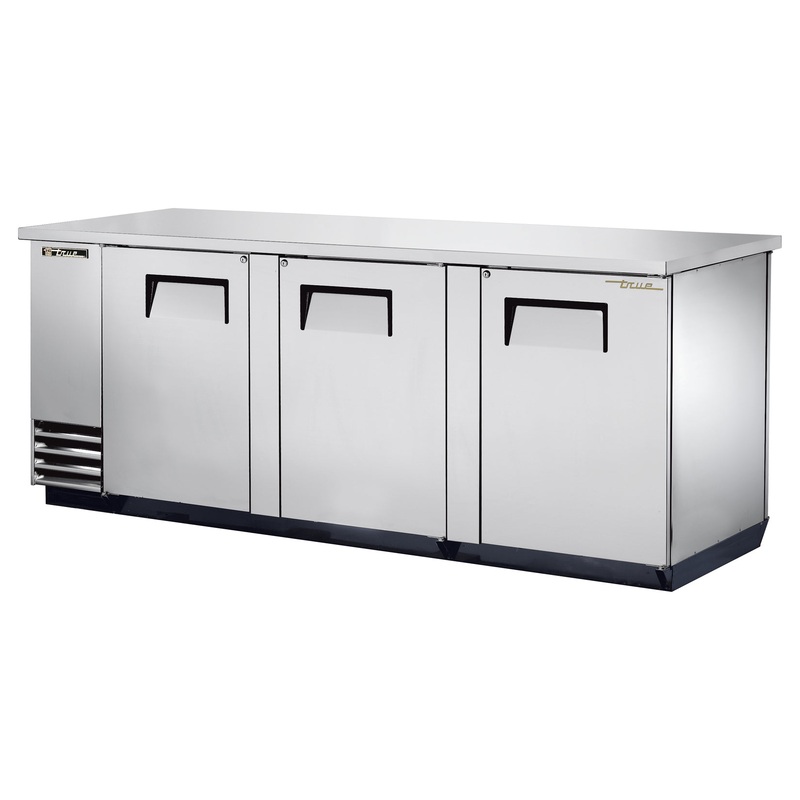 True TBB-4PT-S Stainless Steel 3 Solid Swing Door Pass-Thru Back Bar Refrigerator 90" - Holds (152) 6-Packs or (4) Half Barrels - 115v