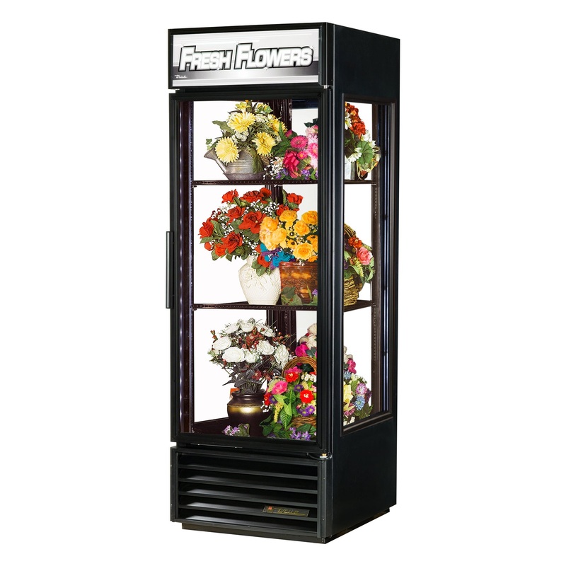 True G4SM-23FC-HC~TSL01 Black 4 Sided Glass Case Refrigerated Floral Merchandiser with 1 Swing Door 27" - 115v