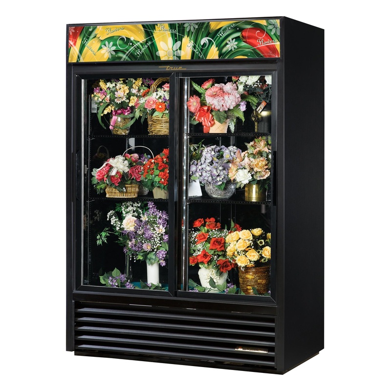 True GDM-47FC-HC-LD Black 2 Glass Sliding Door Floral Merchandiser Refrigerator 54" - 115v
