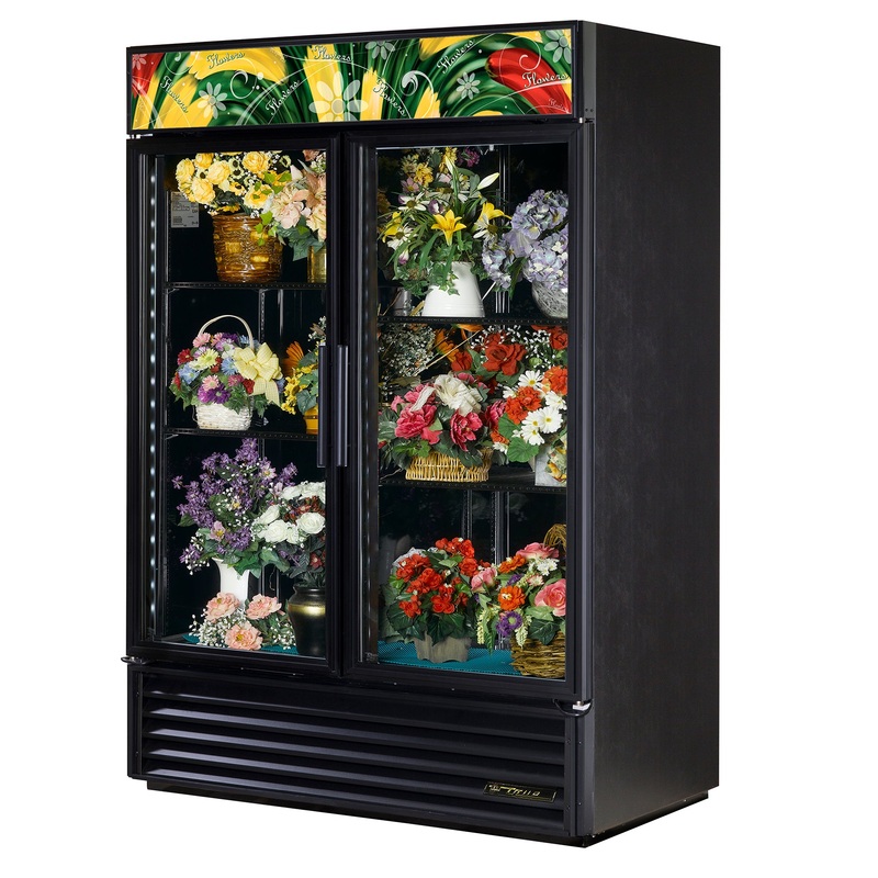 True GDM-49FC-HC~TSL01 Black 2 Glass Swing Door Floral Merchandiser Refrigerator 54" - 115v
