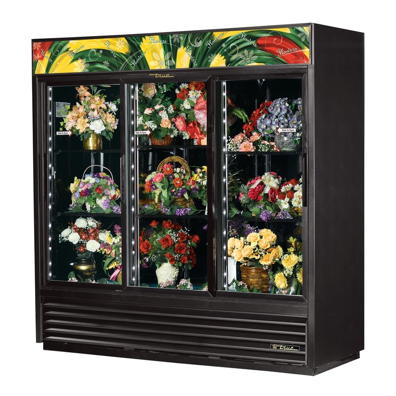 True GDM-69FC-HC-LD Black 3 Glass Sliding Door Floral Merchandiser Refrigerator 78" - 115v
