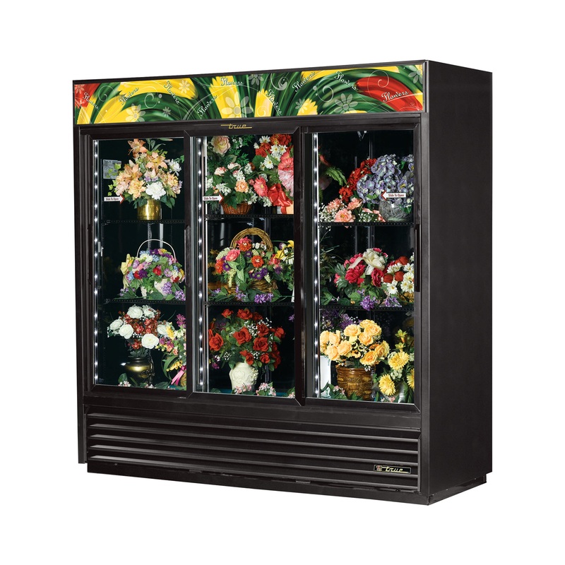 True GDM-72FC-HC~TSL01 Black 3 Glass Swing Door Floral Merchandiser Refrigerator 78" - 115v